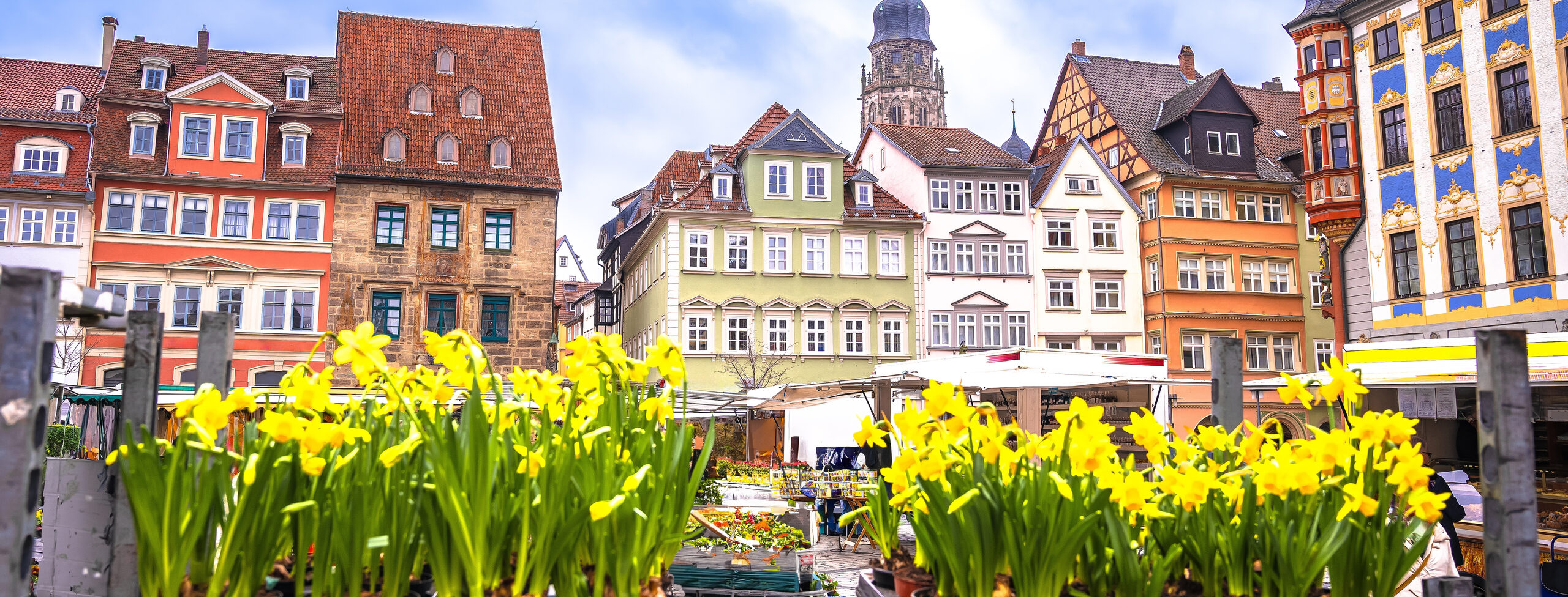 Rathaus und Marktplatz im Frühling